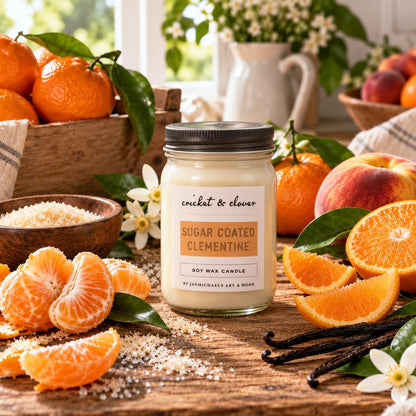 Cricket & Clover Sugar Coated Clementine Soy Mason Jar Candle, 12 oz – close-up detail