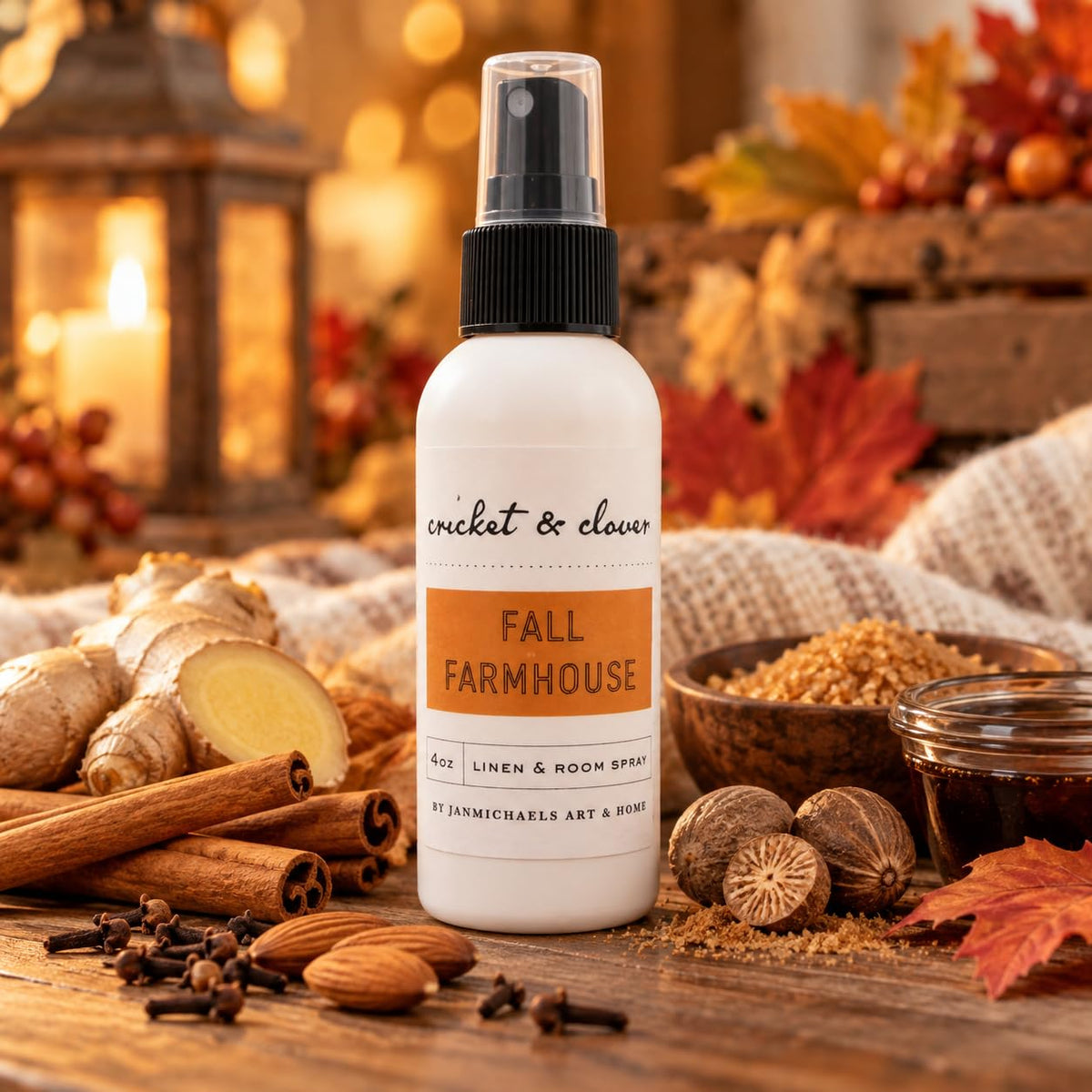 Cricket & Clover Fall Farmhouse Room & Linen Spray, 4 fl oz – close-up detail