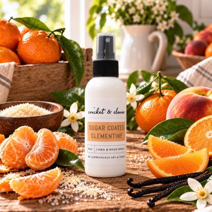 Cricket & Clover Sugar Coated Clementine Room & Linen Spray, 4 fl oz – close-up detail