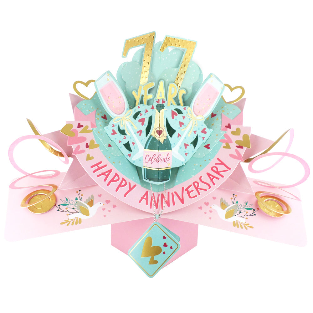 77th anniversary pop up card featuring champagne, hearts, and festive decorations for a joyful celebration