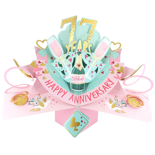 77th anniversary pop up card featuring champagne, hearts, and festive decorations for a joyful celebration