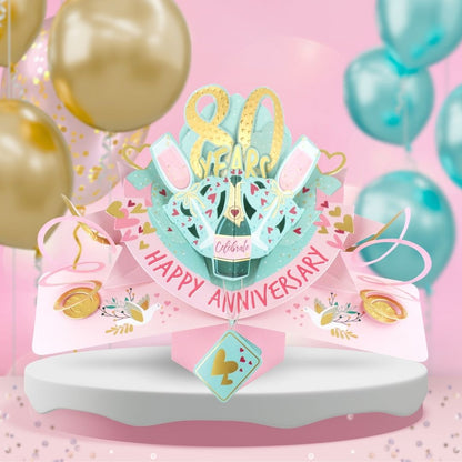 Colorful 80th anniversary pop up card with festive design and celebration elements