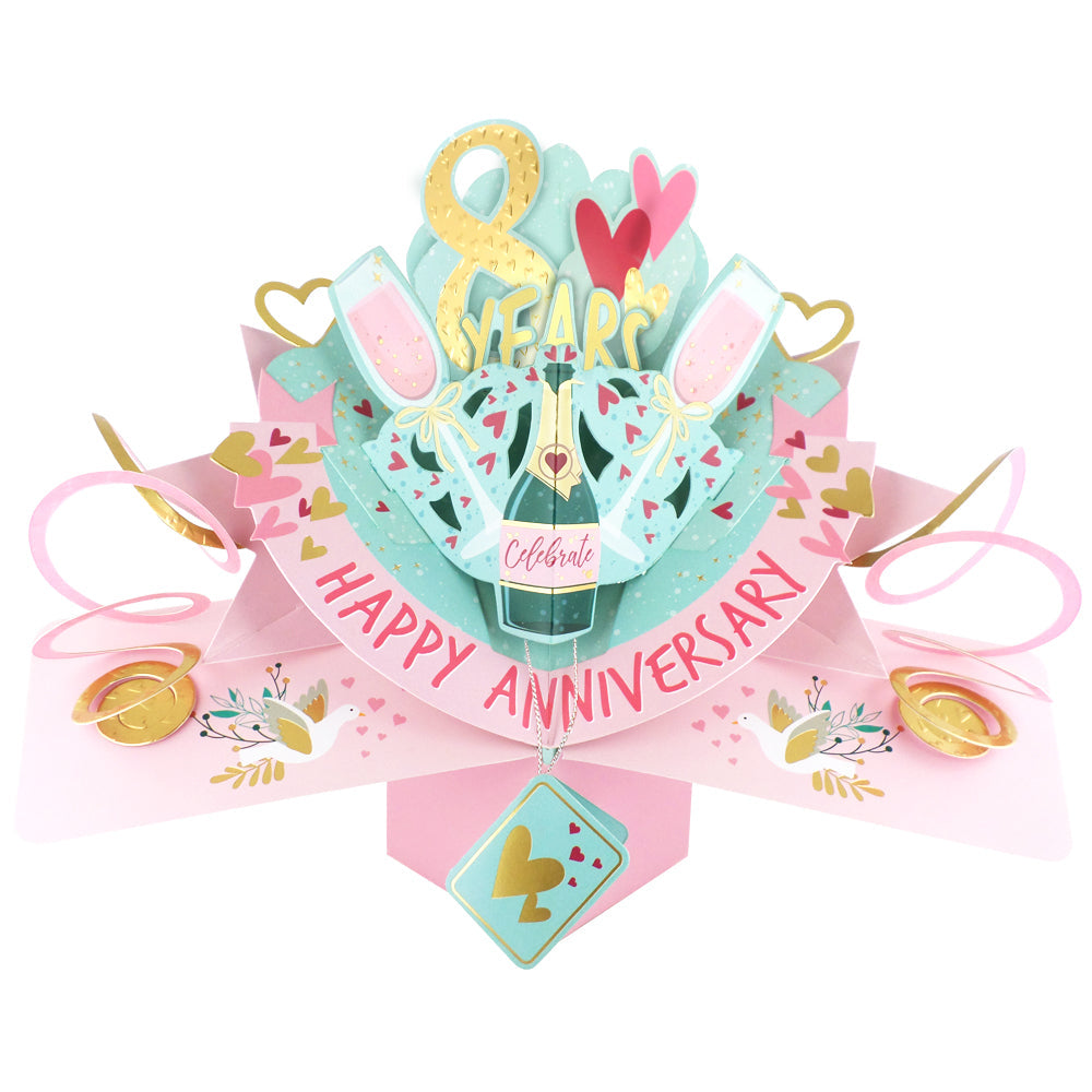 Colorful 8th anniversary pop up card featuring champagne glasses and celebration elements