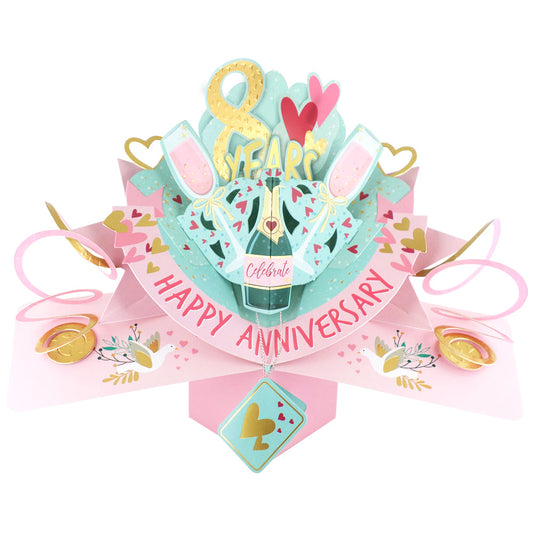 Colorful 8th anniversary pop up card featuring champagne glasses and celebration elements