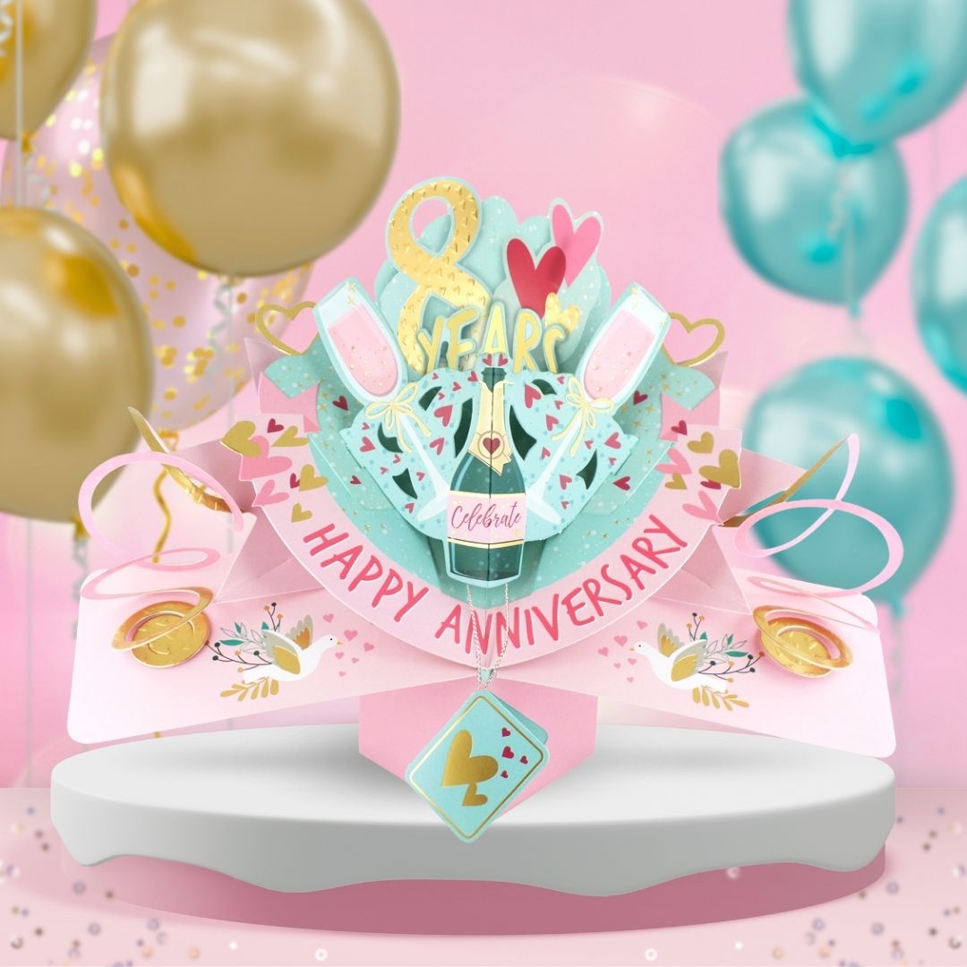 8th anniversary pop up card with colorful design and decorations for celebrating special milestones