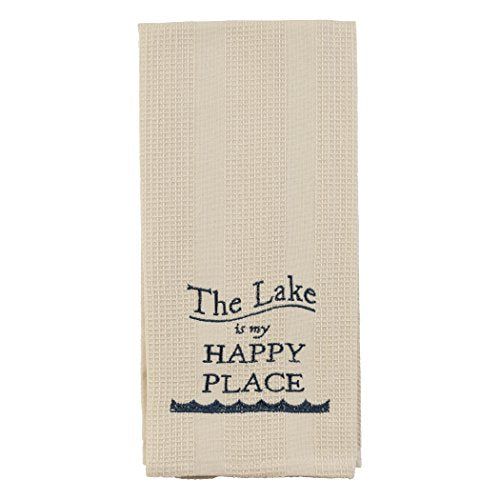 Cream The Lake is My Happy Place 19 x 28 Inch Embroidered Cotton Waffle Dish Towel - anything4home