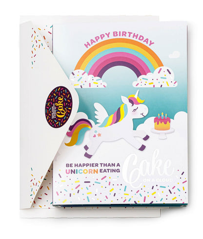 InstaCake Cards Be Happier than a unicorn eating cake in a cloud Happy Birthday Card includes Single Serve Mug Cake Vanilla Unicorn Sprinkle Mix - anything4home