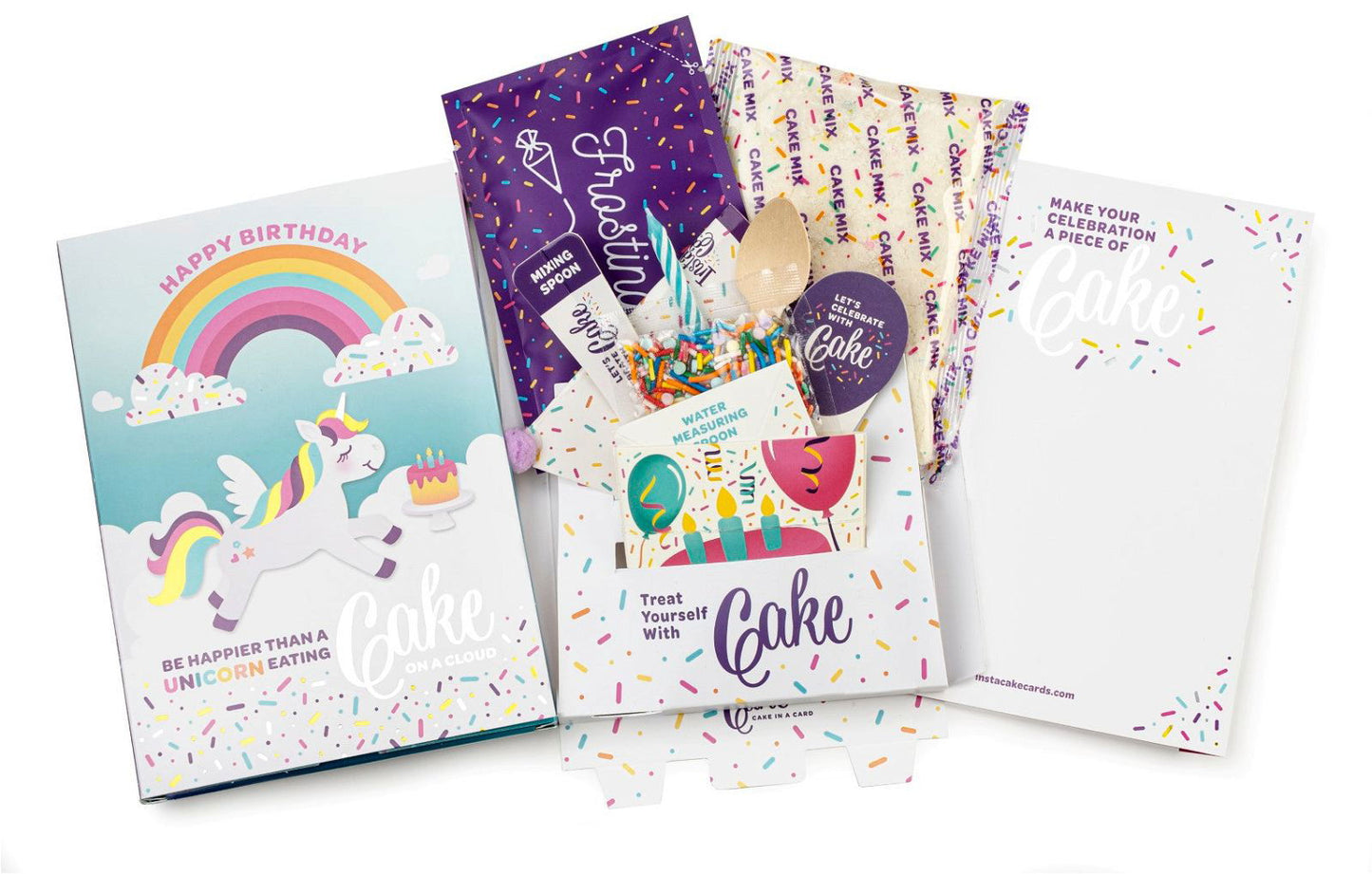 InstaCake Cards Be Happier than a unicorn eating cake in a cloud Happy Birthday Card includes Single Serve Mug Cake Vanilla Unicorn Sprinkle Mix - anything4home