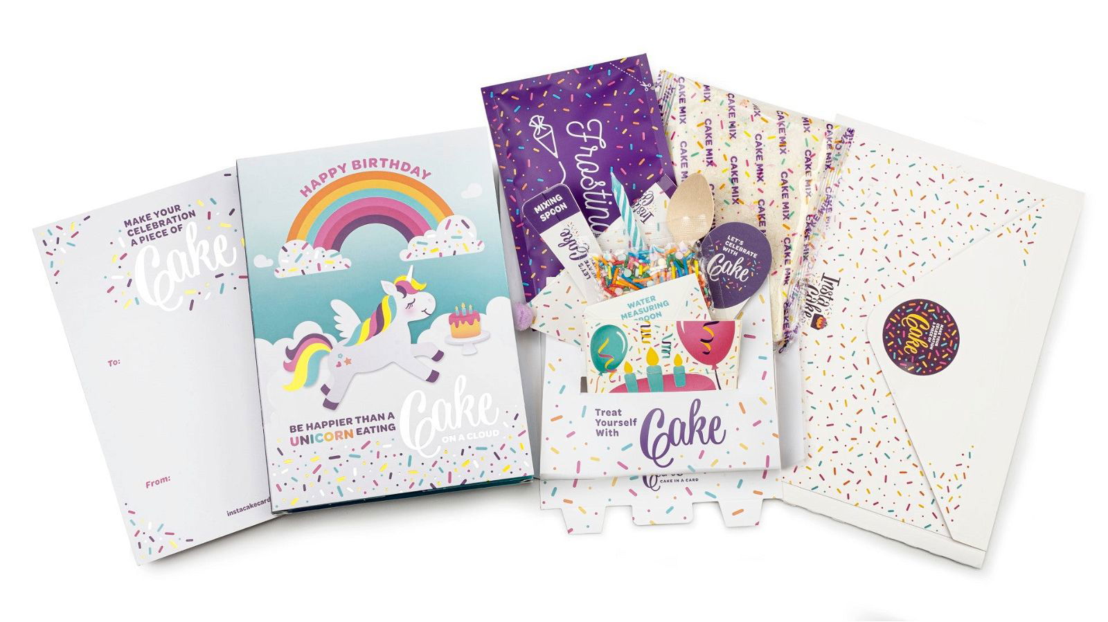 InstaCake Cards Be Happier than a unicorn eating cake in a cloud Happy Birthday Card includes Single Serve Mug Cake Vanilla Unicorn Sprinkle Mix - anything4home