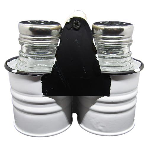 PD Home & Garden Glass Farmhouse Ribbed Salt and Pepper Shaker Set with White Tin metal caddy - anything4home