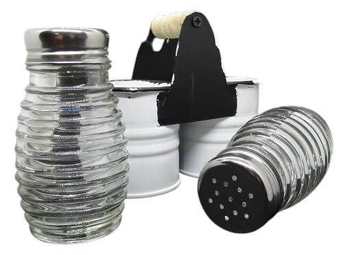 PD Home & Garden Glass Farmhouse Ribbed Salt and Pepper Shaker Set with White Tin metal caddy - anything4home
