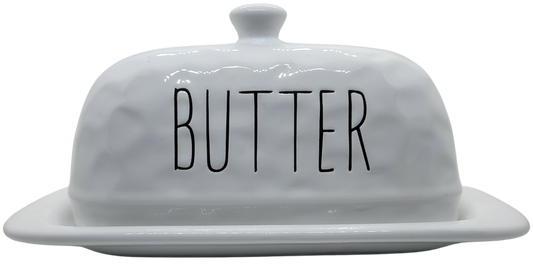 PD Home & Garden White Ceramic Farmhouse Rustic Butter Dish Round Handle - anything4home