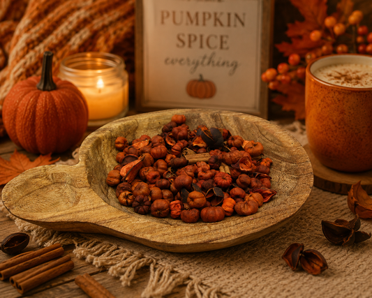 Anyhearth Pumpkin Spice Potpourri in a Wooden Bowl with Fall Decor and a Cozy Setting