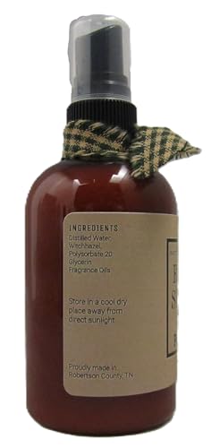 Apple Pumpkin room spray in amber spray bottle with clear cap kraft ingredients label and plaid fabric bow