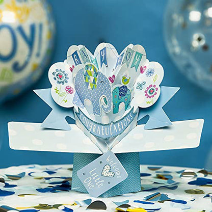 Second Nature Pop Ups baby boy pop up greeting card with elephant and floral design