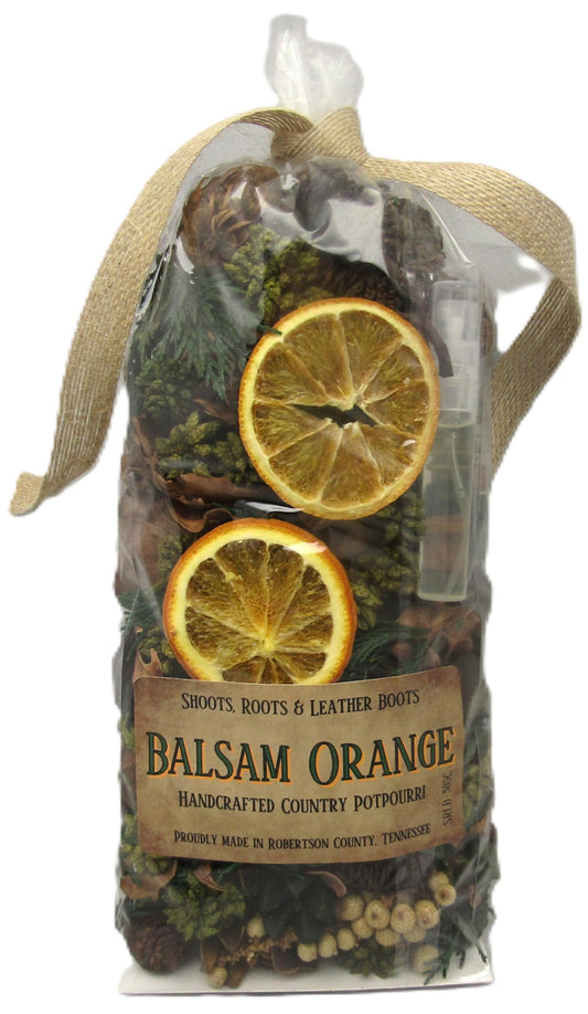 Balsam Orange Potpourri Bowl Filler with dried orange slices and pine cones in a clear bag with burlap ribbon