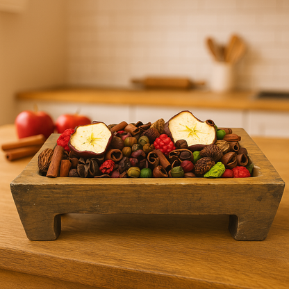 Apple cinnamon potpourri in a rustic wooden tray with dried apple slices and cinnamon sticks
