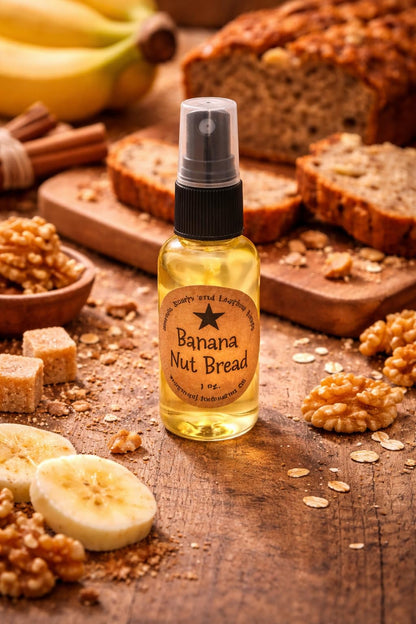 Shoots, Roots & Leather Boots Banana Nut Bread Potpourri Refresher Oil in a spray bottle with banana and bread backdrop