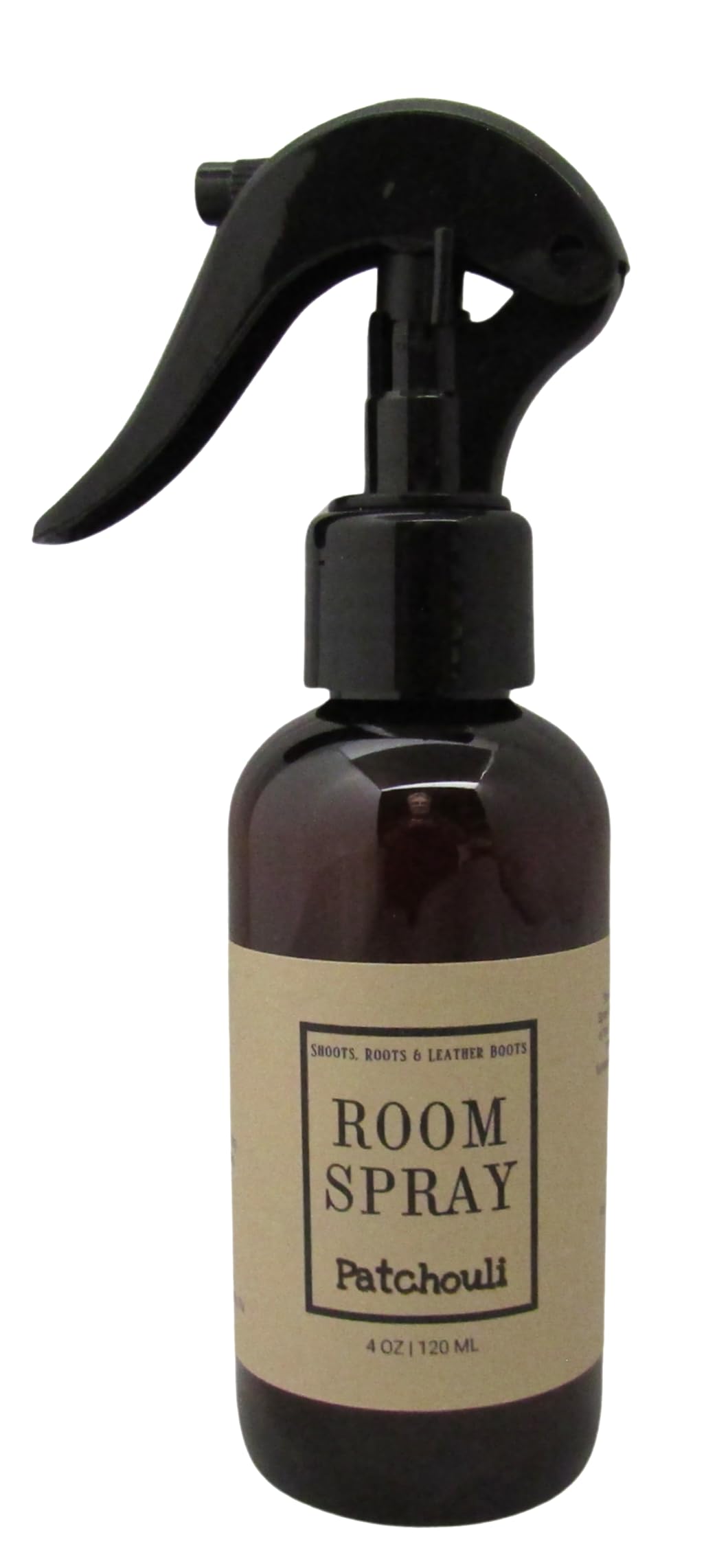 Shoots, Roots & Leather Boots Patchouli Room Spray in a 4 oz brown bottle with a black spray cap