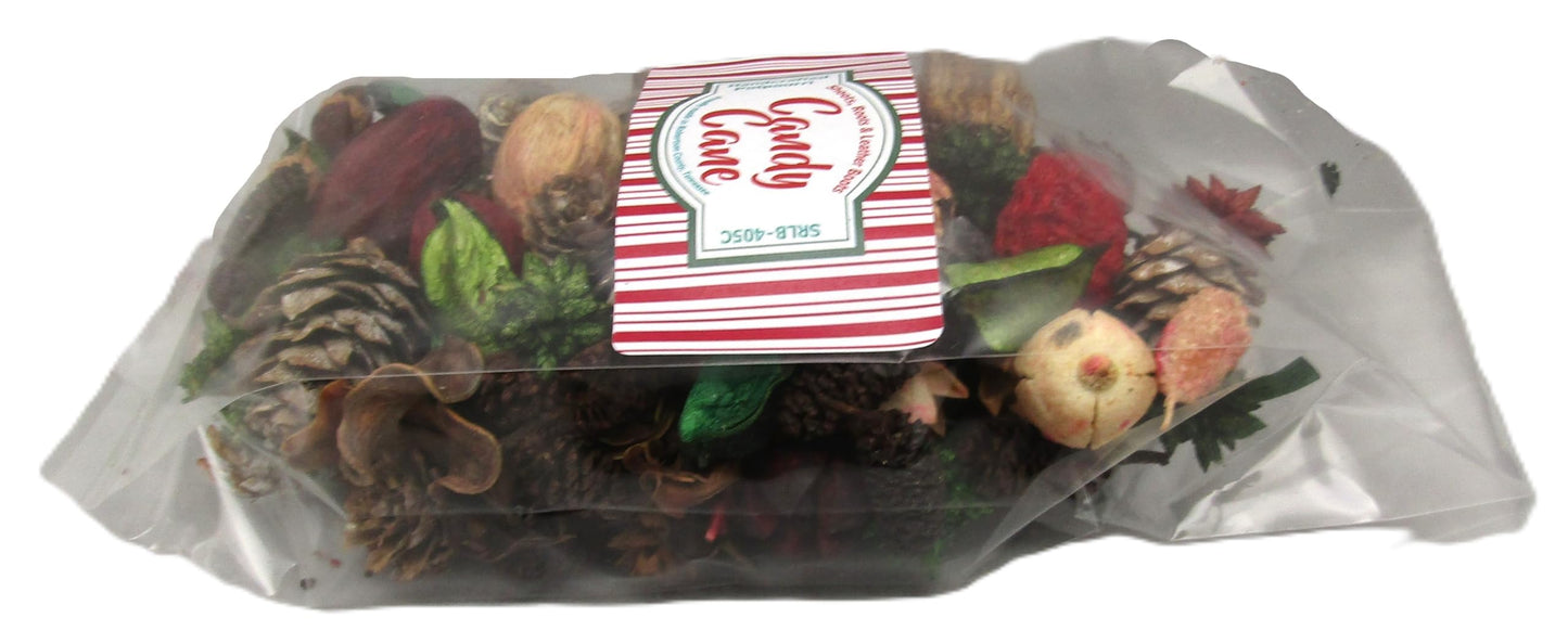 Peppermint candy cane potpourri in a clear bag showcasing festive pinecones and colorful natural accents