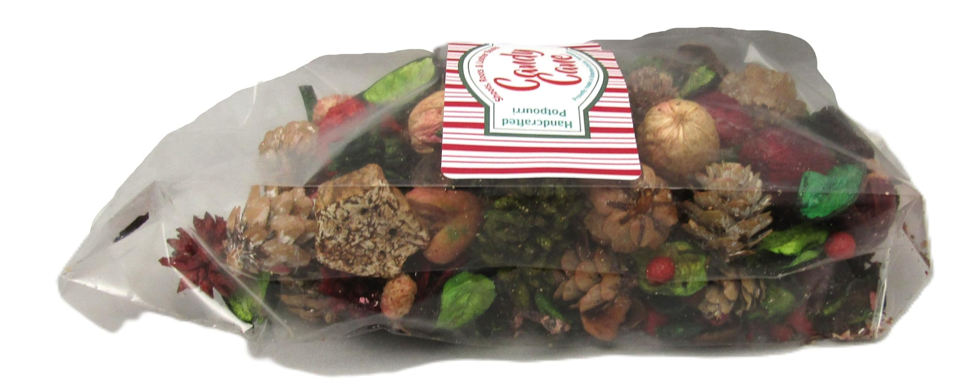 Peppermint candy cane potpourri in a clear bag with festive decorations for home fragrance
