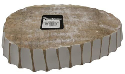 PD Home and Garden carved wooden display tray with natural wood finish and white accents