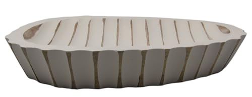 PD Home & Garden carved wooden display tray with elongated oval shape and slotted design