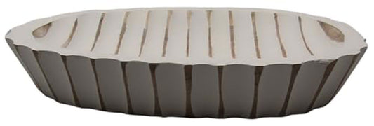 Carved wooden display tray with smooth finish and vertical carved accents for home decor
