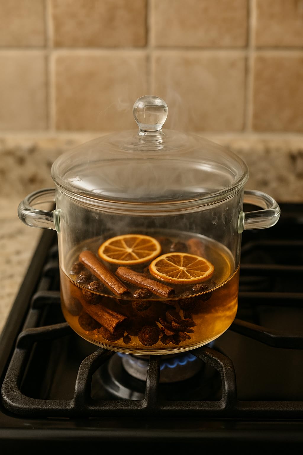 Cinnamon orange clove simmer potpourri in a glass pot on a stove, featuring spices and citrus slices