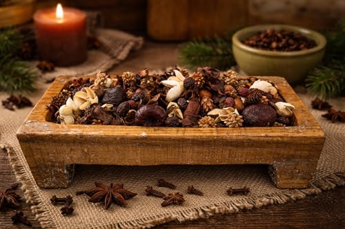 Decorative wooden bowl filled with clove botanical potpourri featuring natural dried elements
