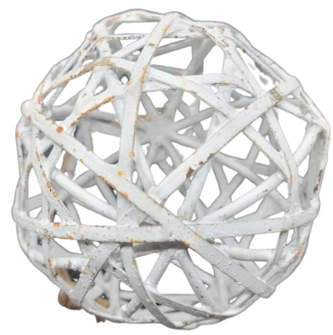PD Home and Garden white distressed woven orb farmhouse decorative metal sphere with rustic chippy paint