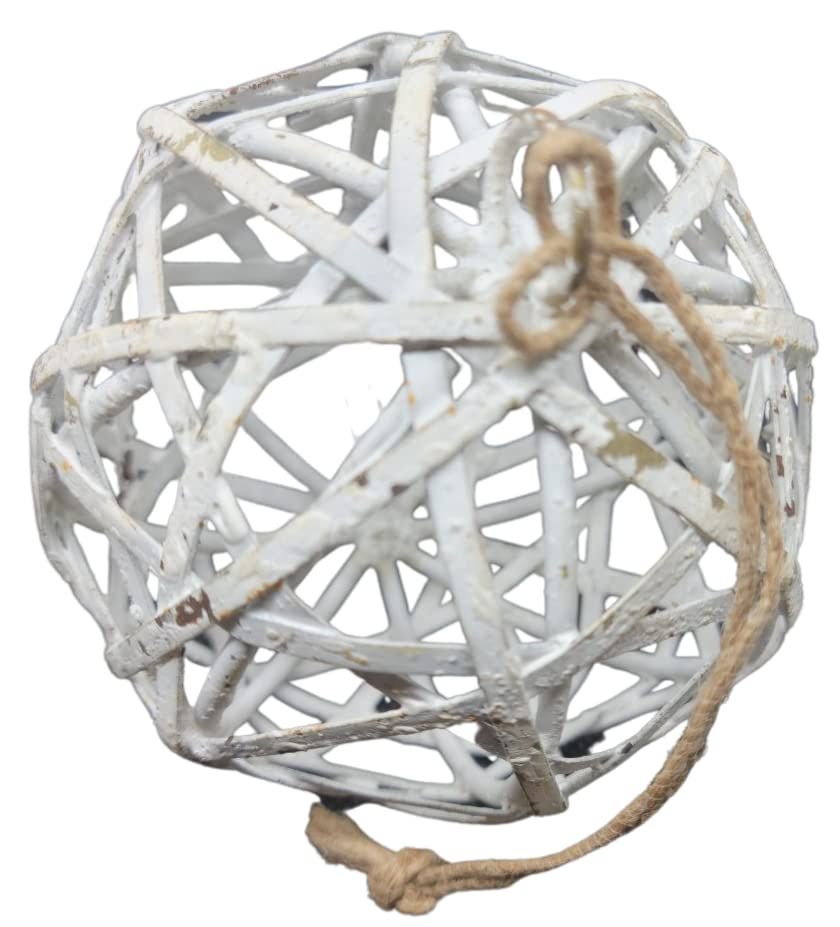PD Home and Garden farmhouse decorative metal sphere distressed white metal lattice with jute rope hanger