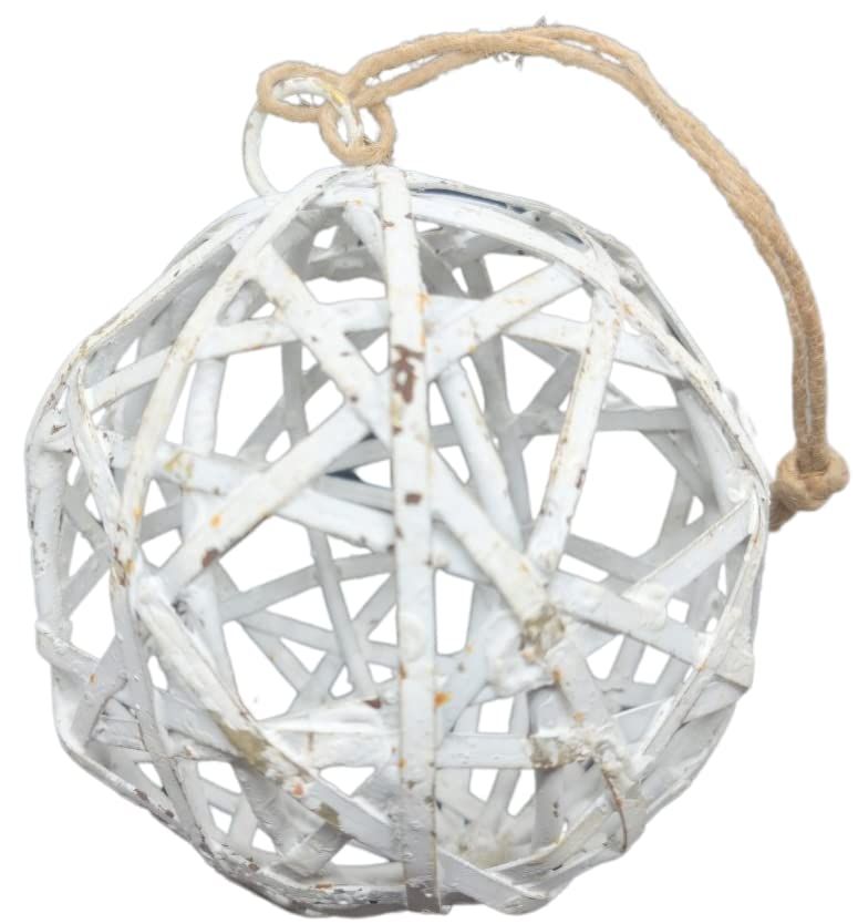 White distressed farmhouse decorative metal sphere ornament with woven design and jute hanger for hanging