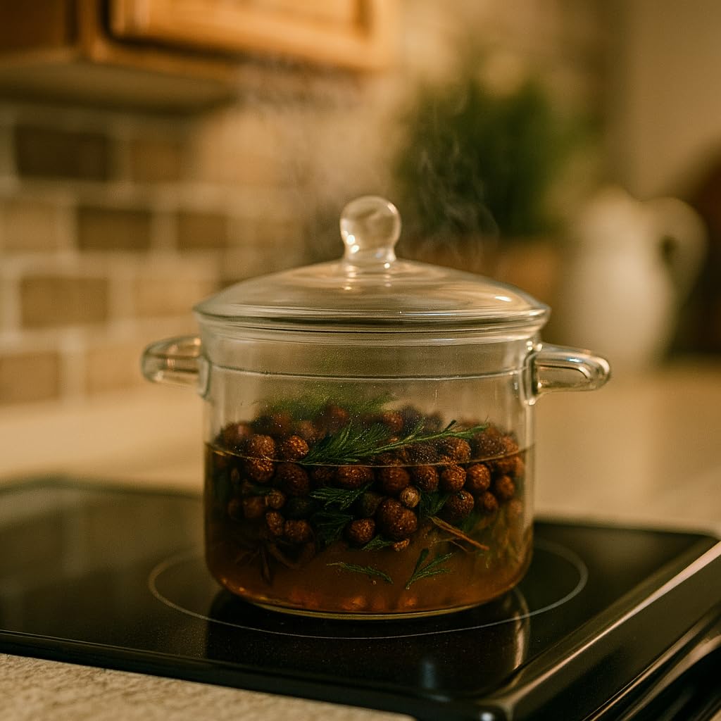 Cozy evergreens simmer potpourri in a glass pot on a stovetop releasing aromatic steam