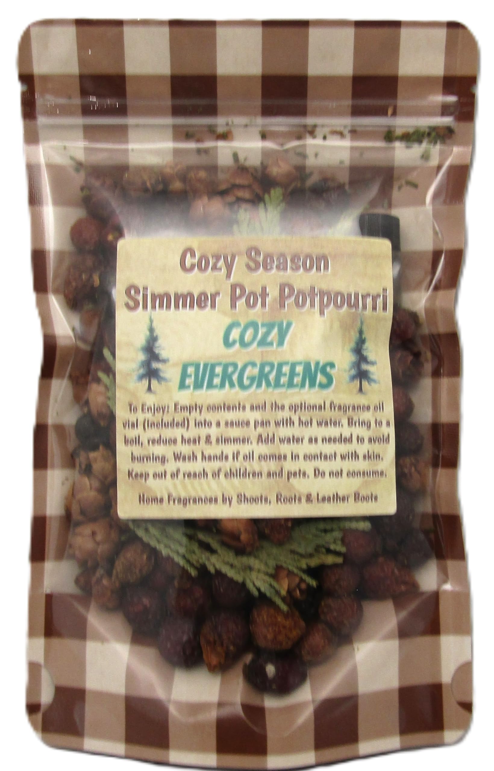 Cozy evergreens simmer potpourri blend in a brown checked bag for festive home fragrance