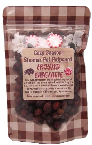 Frosted cafe latte simmer potpourri from Shoots, Roots & Leather Boots in a cozy seasonal bag