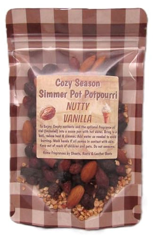 Shoots, Roots & Leather Boots Nutty Vanilla Simmer Potpourri – 3.5 oz Bag with 2ml Oil Vial – Vanilla • Cinnamon • Almond Home Aroma – Handmade in Tennessee