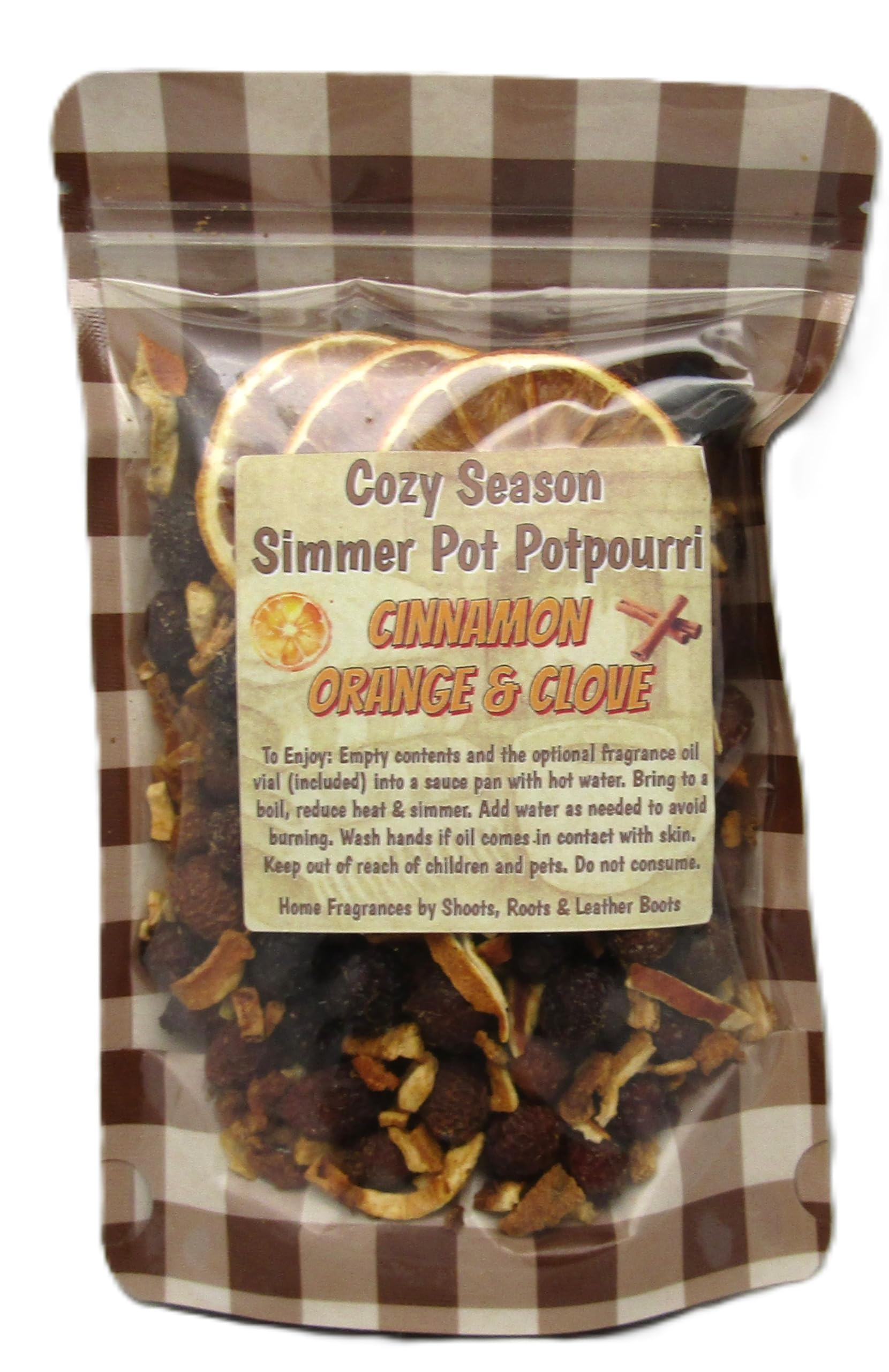 Cozy Season cinnamon orange clove simmer potpourri in a decorative bag for fragrant home ambiance