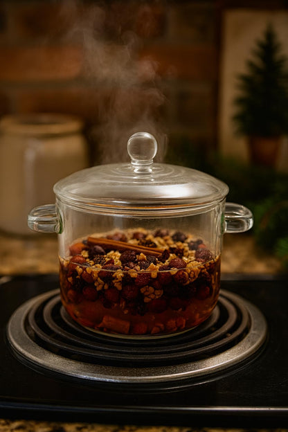 Glass pot with simmering fruit and spices for cozy home cooking from Shoots, Roots & Leather Boots