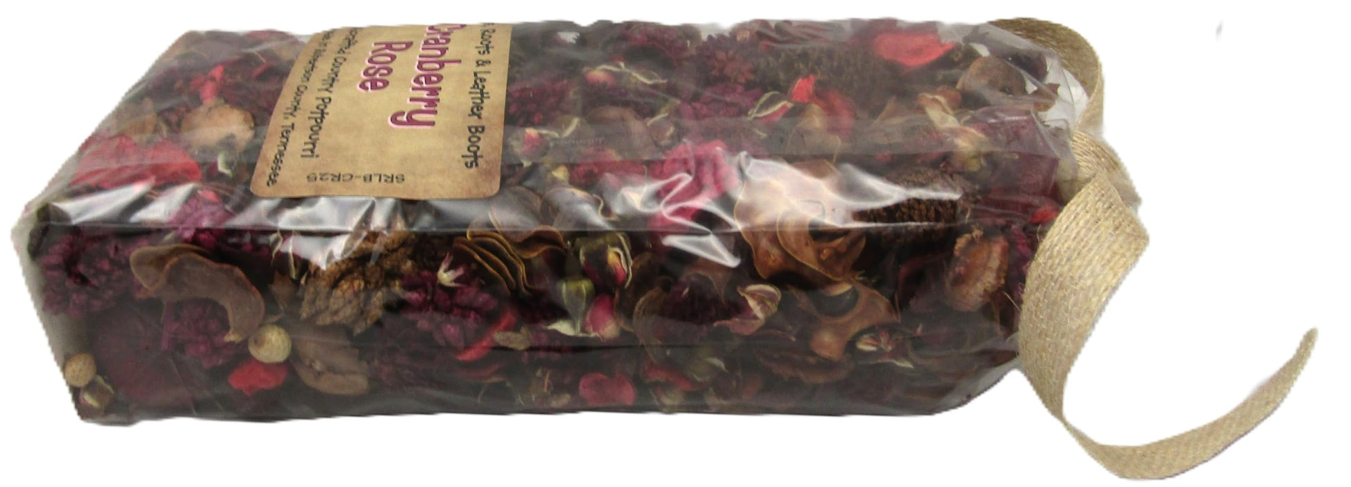 Shoots Roots Leather Boots cranberry rose potpourri in clear plastic bag with natural ribbon