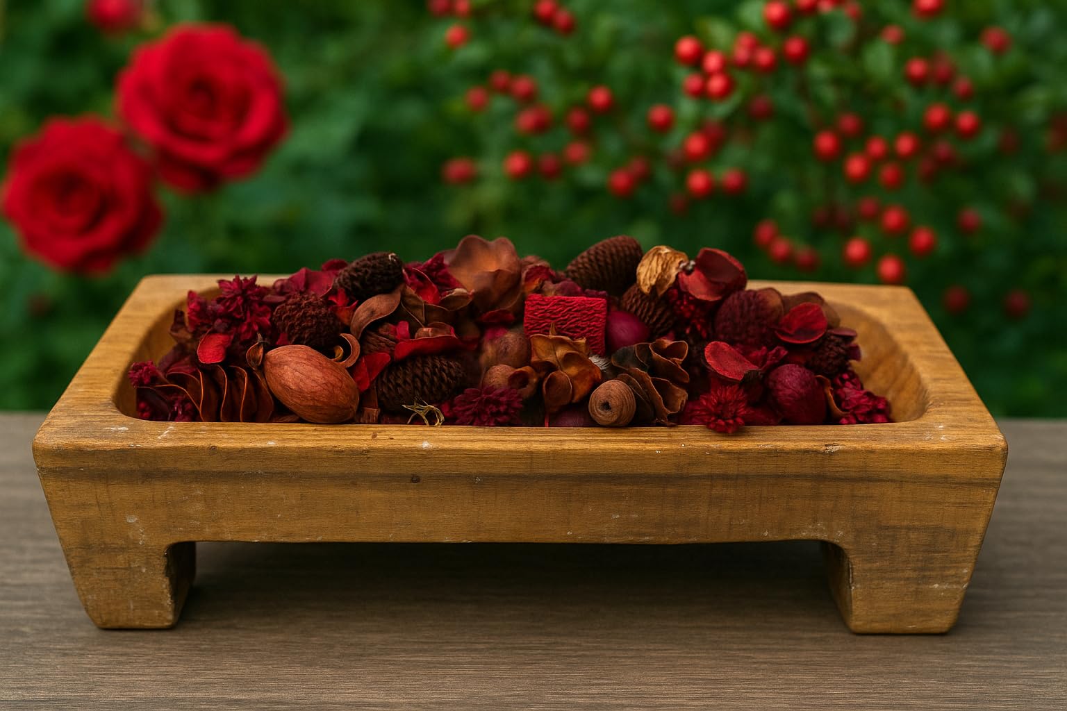 Cranberry rose potpourri in a wooden tray featuring dried red flowers and natural elements for home decor