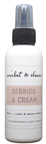 Cricket & Clover Berries & Cream 4oz room spray in a white bottle for freshening linens
