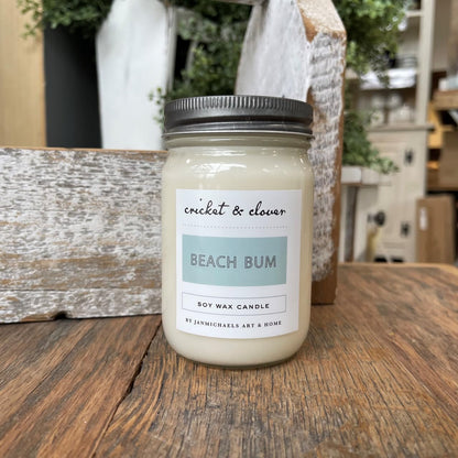 Cricket & Clover Beach Bum Soy Wax Candle in a glass jar, perfect for a refreshing home scent