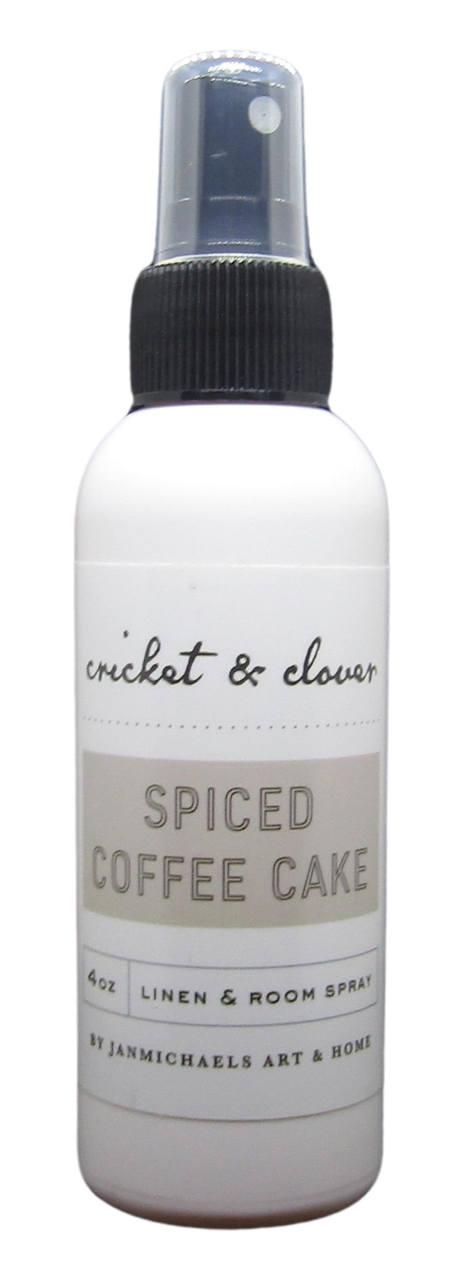 Cricket & Clover spiced coffee cake room spray in white bottle with black spray cap