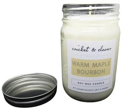 Cricket and Clover mason jar with removable metal lid and warm maple bourbon soy candle in white wax