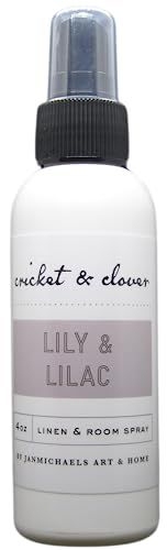 Cricket & Clover lily and lilac room spray in white bottle with black spray top for linen and room use