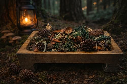 Dark forest floor potpourri on a wooden tray with pinecones and natural elements in a serene forest setting