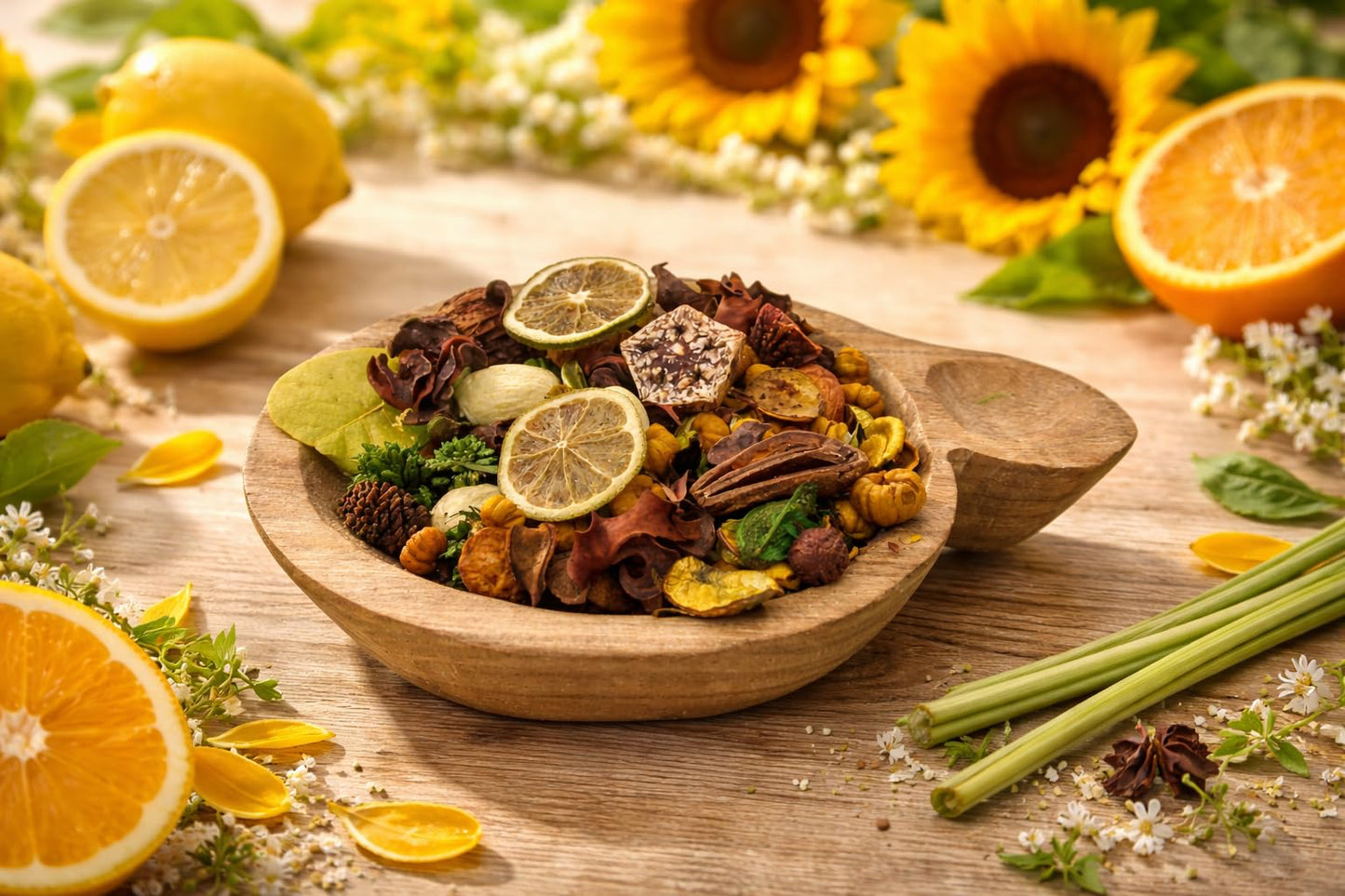 Shoots, Roots & Leather Boots Citrus & Sunflower Potpourri in a wooden bowl with lemon and orange slices