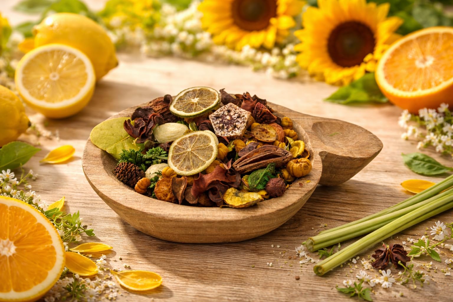 Shoots, Roots & Leather Boots Citrus & Sunflower Potpourri in a wooden bowl with lemon and orange slices