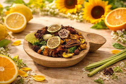 Shoots, Roots & Leather Boots Citrus & Sunflower Potpourri in a wooden bowl with lemon and orange slices